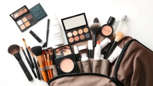 Professional overhead shot of organized cosmetic travel bag with brushes, palettes, and skincare bottles neatly arranged in compartments, soft natural lighting on white background