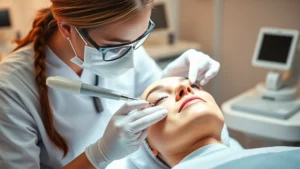 Professional cosmetic nurse in white scrubs administering facial treatment with advanced aesthetic equipment, warm clinic lighting, calm professional atmosphere, close-up showing clinical expertise and client comfort