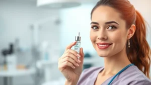 Professional female cosmetic nurse in clinical setting wearing scrubs, holding aesthetic product vial, bright clinical lighting, confident expression, blurred medical background