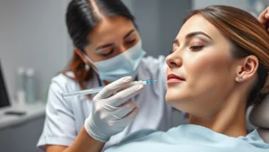 Professional cosmetic nurse in clinical setting administering dermal filler injection to patient's cheek, wearing medical scrubs and gloves, soft professional lighting, peaceful patient expression