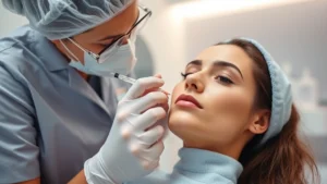 Professional cosmetic nurse in clinical setting administering dermal filler injection to female patient, modern medical spa environment with soft lighting, nurse wearing scrubs and protective equipment, close-up of precision injection technique, professional skincare atmosphere