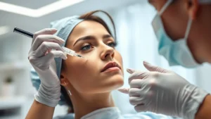 Professional female cosmetic nurse in clinical setting wearing scrubs and gloves, administering aesthetic injection to patient's face, bright modern medical spa interior with soft lighting, close-up of hands performing cosmetic procedure, natural skin tones visible