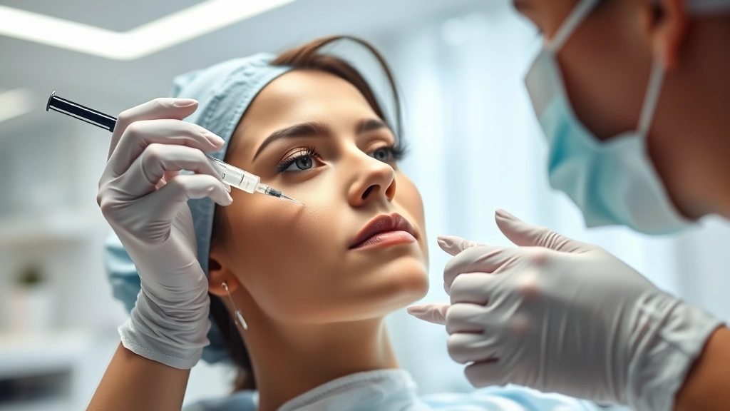 Professional female cosmetic nurse in clinical setting wearing scrubs and gloves, administering aesthetic injection to patient's face, bright modern medical spa interior with soft lighting, close-up of hands performing cosmetic procedure, natural skin tones visible