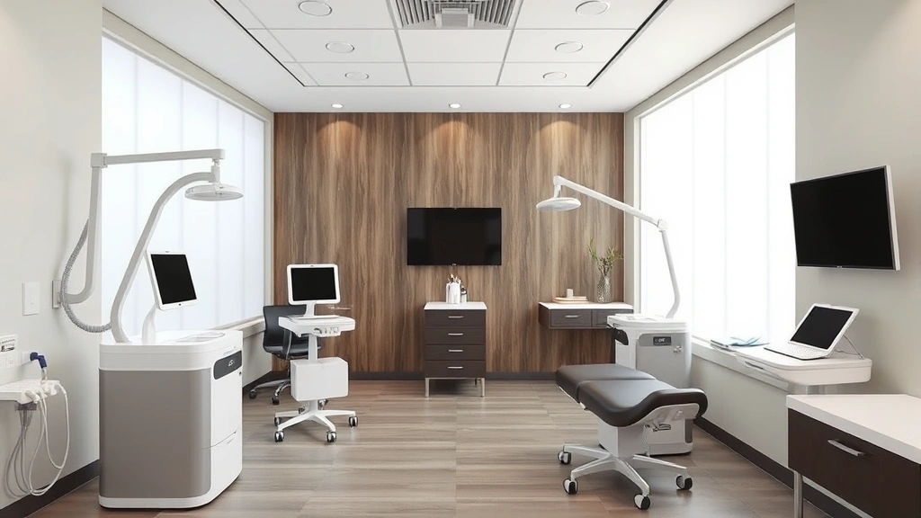 Modern aesthetic medical clinic interior with professional treatment stations, advanced laser and injection equipment visible, clean contemporary design, natural lighting, empty treatment room showing professional environment