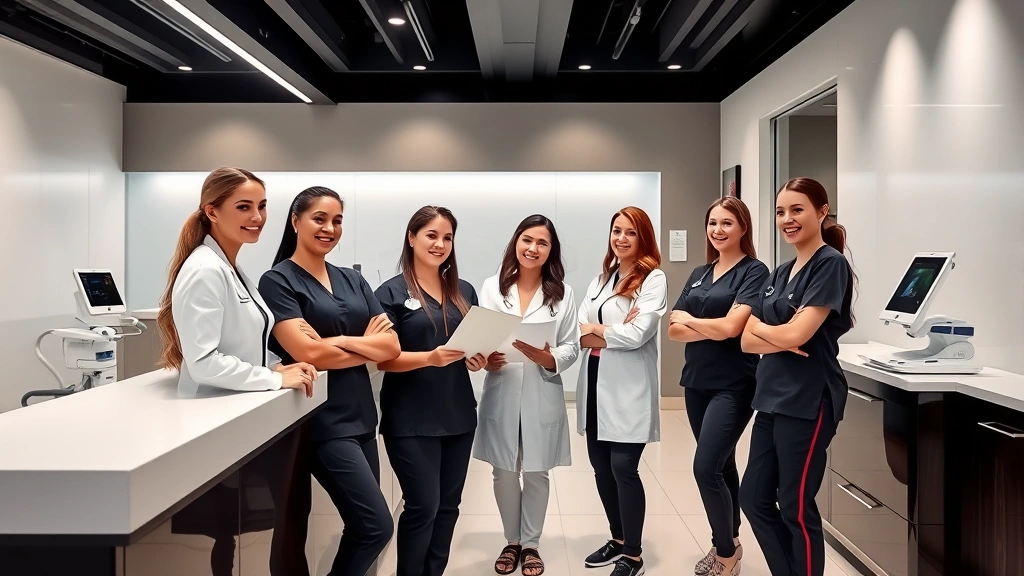 Diverse group of cosmetic nurses in luxury medical spa facility, discussing treatment plans at modern reception desk, professional healthcare environment with high-end aesthetic equipment visible in background, confident medical professionals