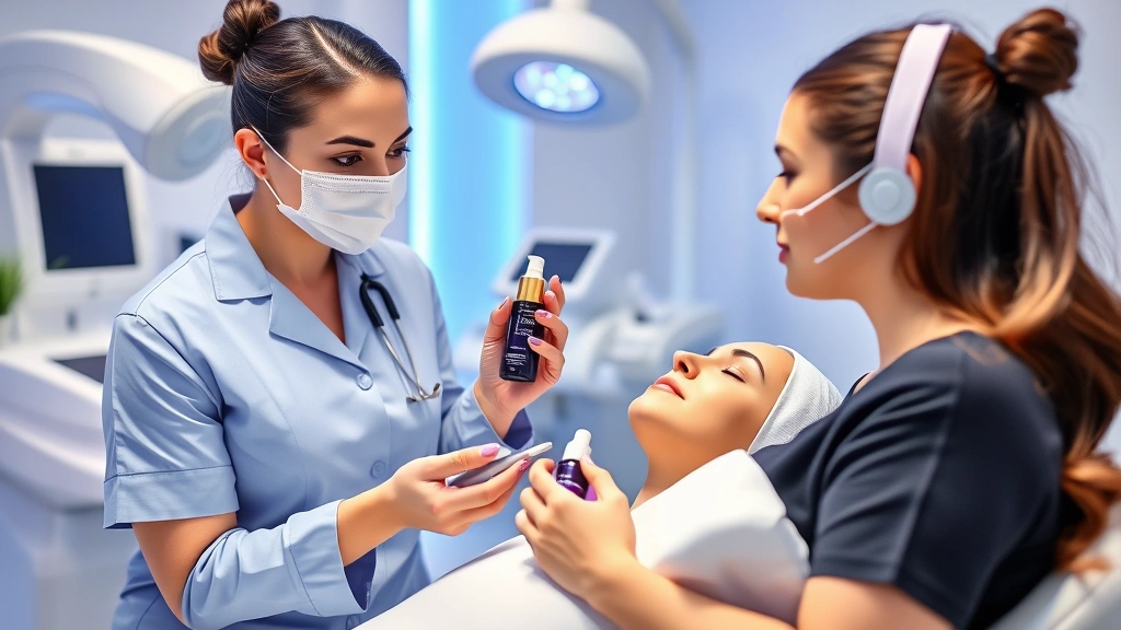 Cosmetic nurse specialist demonstrating advanced skincare consultation with patient, holding professional-grade facial treatment products, modern dermatology clinic setting with state-of-the-art laser equipment, focused clinical expertise and patient care