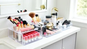 Organized bathroom vanity with clear acrylic cosmetic organizer boxes containing lipsticks, brushes, and makeup products neatly arranged and visible, natural lighting from window