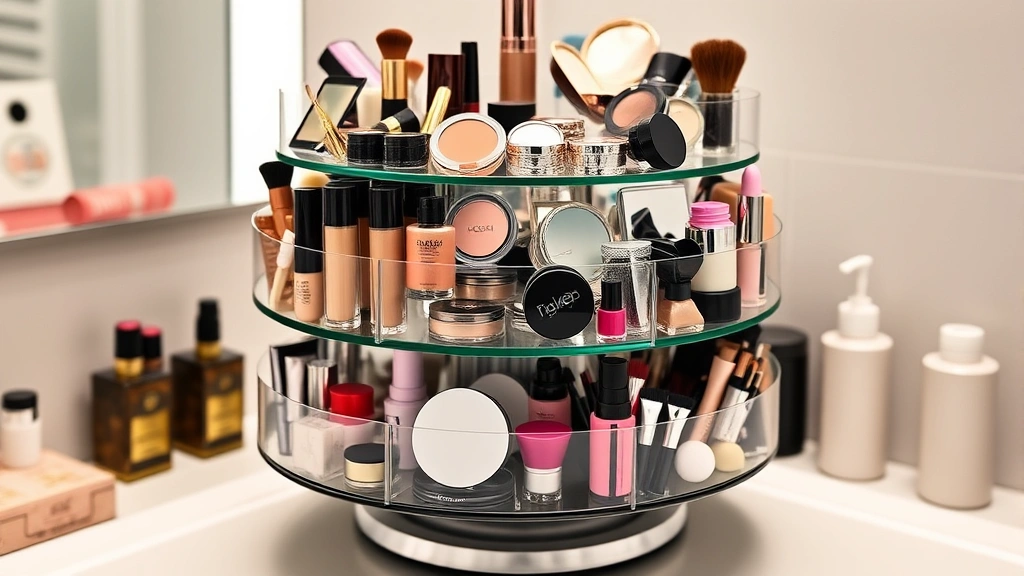 Rotating cosmetic organizer carousel filled with colorful makeup products, compacts, and beauty items, 360-degree display showing organization system, soft bathroom lighting