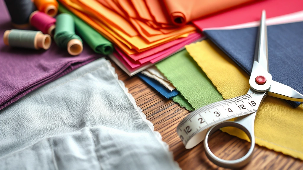 Close-up of colorful fabric swatches and sewing materials arranged on a wooden surface, including thread spools, scissors, and a measuring tape, soft natural lighting highlighting textile textures