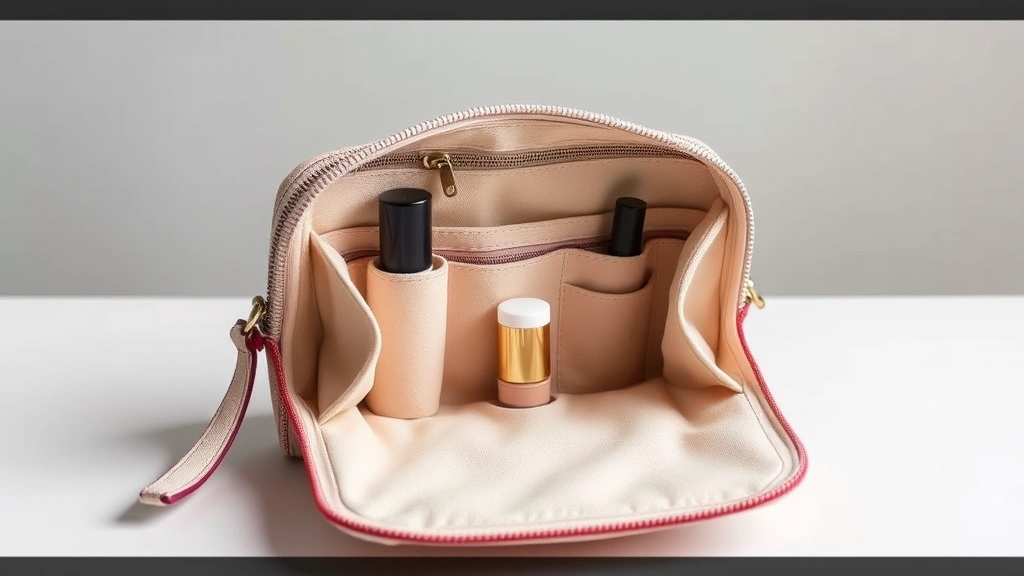 Finished cosmetic purse displayed open showing organized interior compartments with various beauty products neatly arranged, soft diffused lighting, clean minimalist background showcasing the completed handmade bag