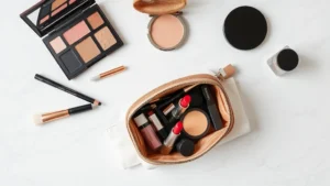 Overhead flat lay of open small cosmetic purse with organized makeup items inside, showing multiple compartments with lipsticks, brushes, foundation bottle, and powder compact neatly arranged, soft natural lighting on white marble surface