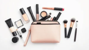Flat lay of organized small cosmetic purse with multiple compartments displaying foundation, concealer, mascara, lipsticks, and makeup brushes neatly arranged in separate sections, professional lighting, neutral background, product photography style
