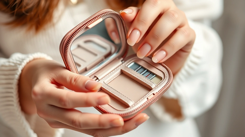Woman's hands holding and examining a compact leather cosmetic purse in soft rose gold color, showing interior waterproof lining and brush holder compartments, professional beauty photography lighting