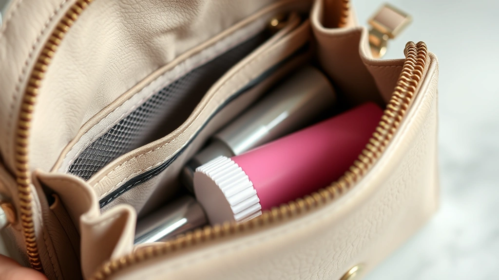 Close-up detail of small vegan leather cosmetic purse showing waterproof lining, mesh pockets, and removable dividers with various makeup products partially visible, soft natural lighting, texture detail focus