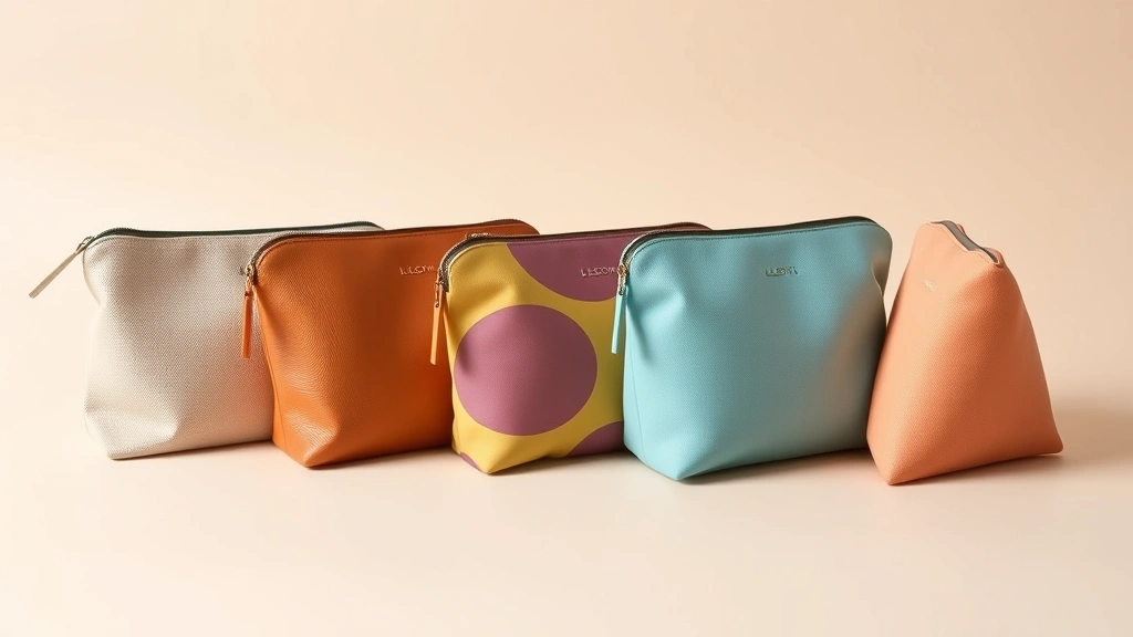 Variety of five different small cosmetic purses displayed in a row showing different styles and materials - minimalist canvas, luxury leather, colorful nylon, silicone waterproof, and sustainable fabric options, studio lighting on neutral background