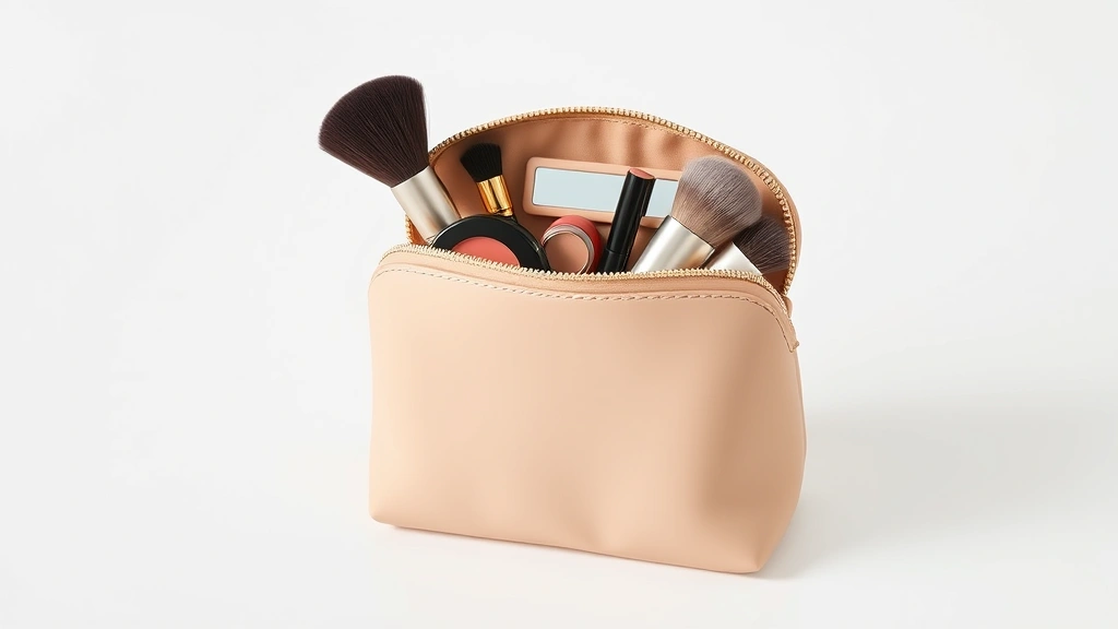 Minimalist aesthetic small silicone cosmetic purse in neutral tone displayed open to show interior organization, with compact makeup essentials like palette, brush holder, and lipstick storage, clean white background, professional beauty photography