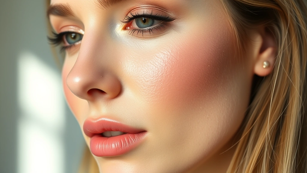 Close-up of a woman's face showing professionally applied foundation, concealer, and cream blush with dewy skin texture, natural daylight