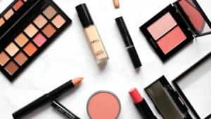 Flat lay arrangement of beginner makeup essentials including foundation bottle, concealer stick, neutral eyeshadow palette, mascara, blush, and lipstick on white marble background with soft natural lighting