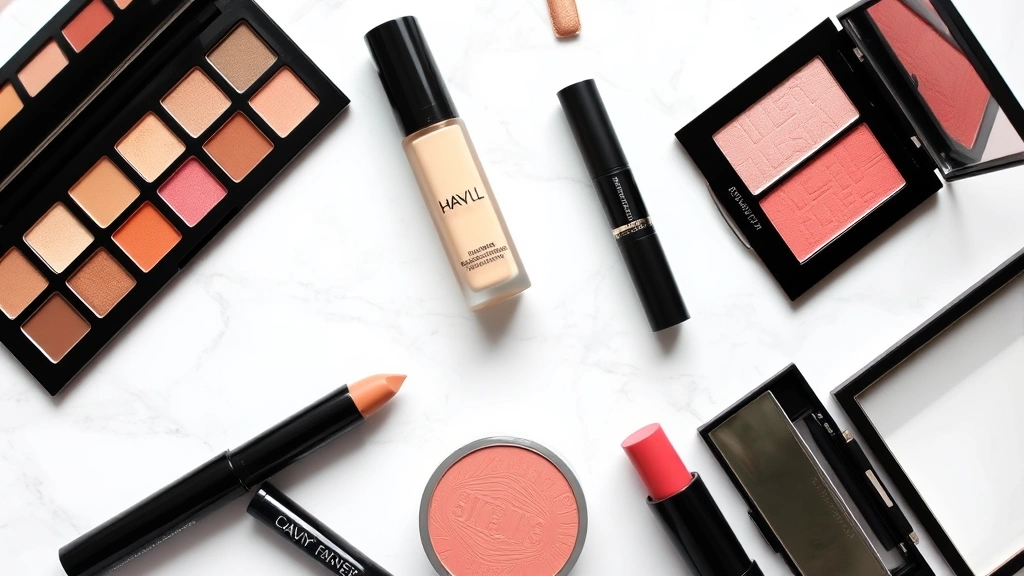 Flat lay arrangement of beginner makeup essentials including foundation bottle, concealer stick, neutral eyeshadow palette, mascara, blush, and lipstick on white marble background with soft natural lighting