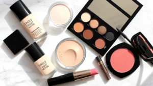 Flat lay arrangement of cosmetic starter kit essentials: foundation, concealer, powder, eyeshadow palette, eyeliner, mascara, blush, and lip color arranged on marble surface with natural lighting