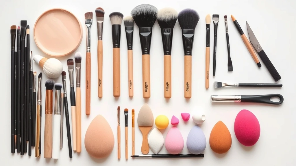 Organized collection of cosmetic brushes and beauty sponges arranged by type and size on a clean white surface, professional flat lay styling