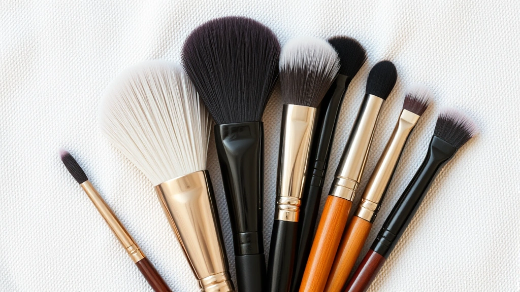 Close-up of professional makeup brushes with synthetic bristles fanned out showing various sizes for foundation, eyeshadow, and powder application on neutral fabric backdrop