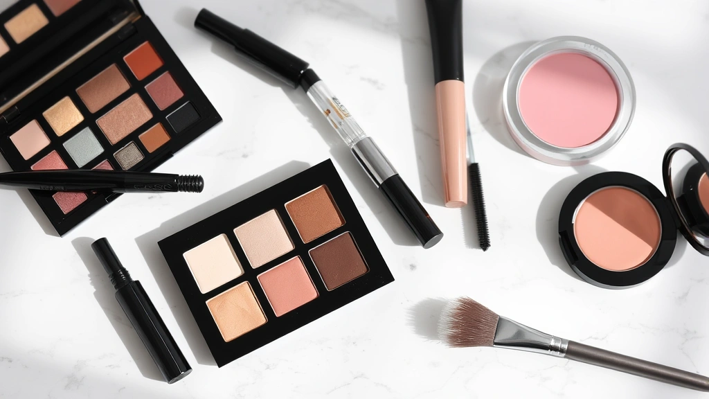 Organized collection of essential cosmetics including mascara, eyeshadow palette, blush, and brushes arranged neatly on white marble surface with soft shadows