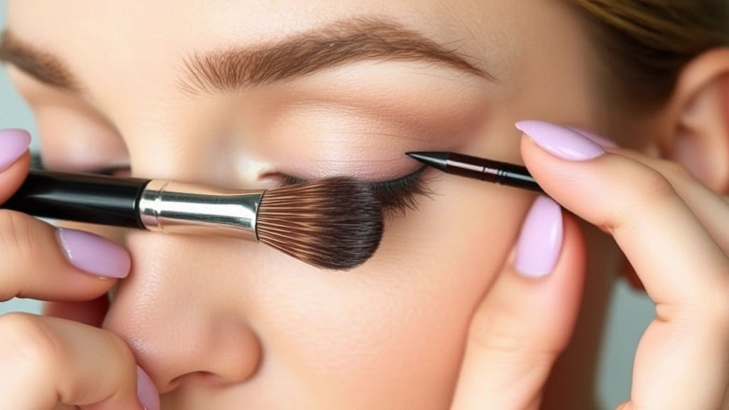 Woman applying eyeshadow with a blending brush, showing proper technique and hand positioning, focusing on eyelid and brush bristles detail