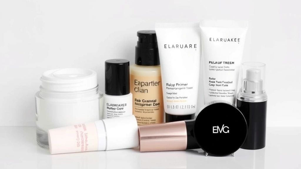 Skincare products including moisturizer jar, primer bottle, and sunscreen arranged with makeup primer and foundation to show complete prep-to-makeup routine workflow