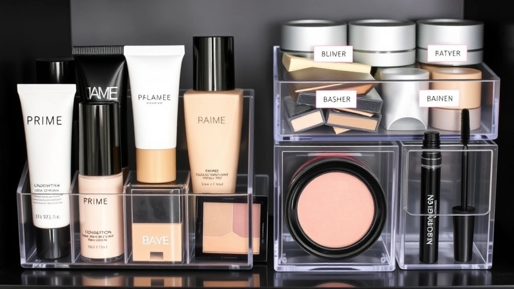 Organized cosmetic starter kit display showing labeled products: primer, foundation, concealer, blush, and mascara arranged in clear containers with organized beauty storage solutions