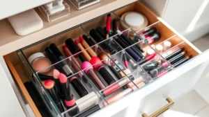 Organized cosmetic drawer with clear acrylic dividers containing colorful makeup products, lipsticks, and brushes neatly arranged, natural bathroom lighting