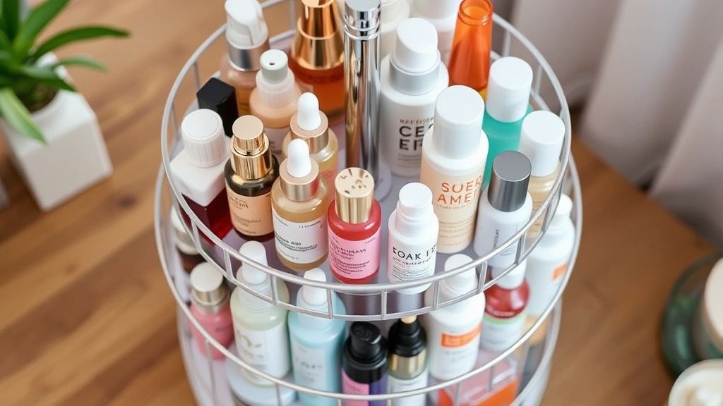 Rotating three-tier carousel cosmetic organizer filled with skincare bottles, serums, and beauty products, photographed from above showing all visible compartments