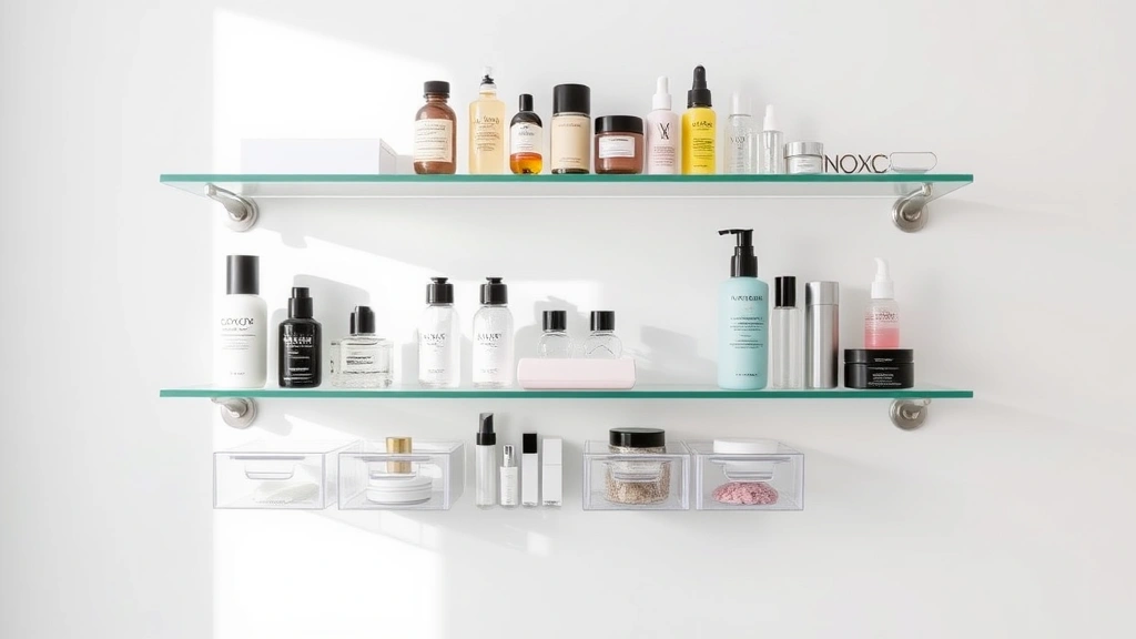 Wall-mounted floating glass shelves displaying organized cosmetics with clear acrylic storage boxes, minimalist aesthetic, soft natural window lighting