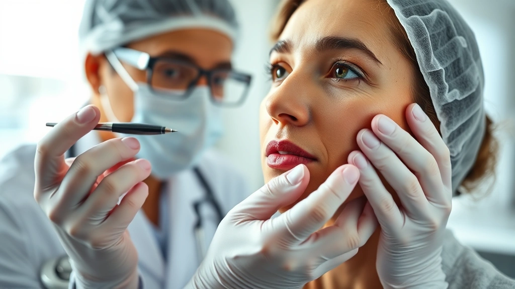 Professional dermatologist examining patient's face in clinical setting with natural lighting, discussing cosmetic procedure options, close-up of facial analysis