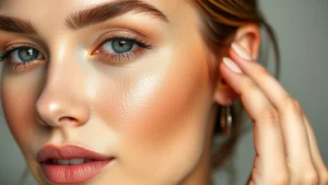 Close-up of a woman's face with flawless foundation application using cosmetic wedges, showing seamless blending on cheekbones and jawline, natural lighting, professional makeup finish