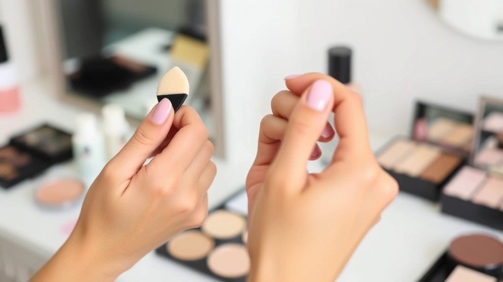 Hands demonstrating proper cosmetic wedge technique applying foundation with stippling motion, showing the pointed tip and flat edge of the sponge, clean workspace, professional beauty setting