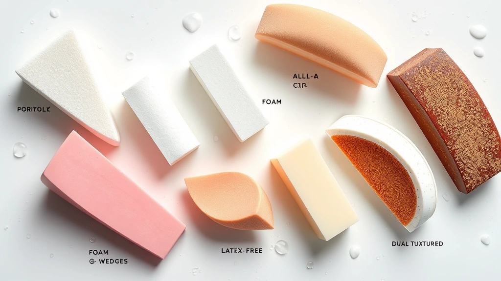 Array of different cosmetic wedges displaying various shapes and textures, arranged on a white surface with water droplets, showing foam wedges, latex-free options, and dual-textured varieties