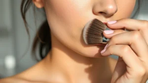 Close-up of woman applying liquid foundation with brush to cheek, natural lighting, minimal makeup scattered on white surface nearby, focus on foundation texture and skin tone matching