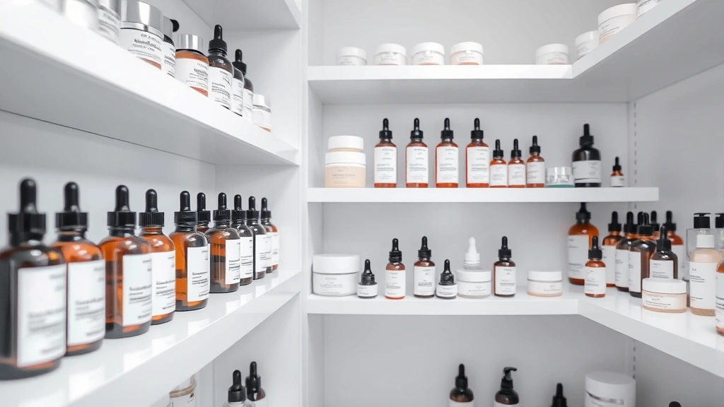 Professional skincare laboratory with organized bottles of serums and creams on white shelves, soft natural lighting, clean aesthetic, no labels visible, close-up of quality cosmetic products