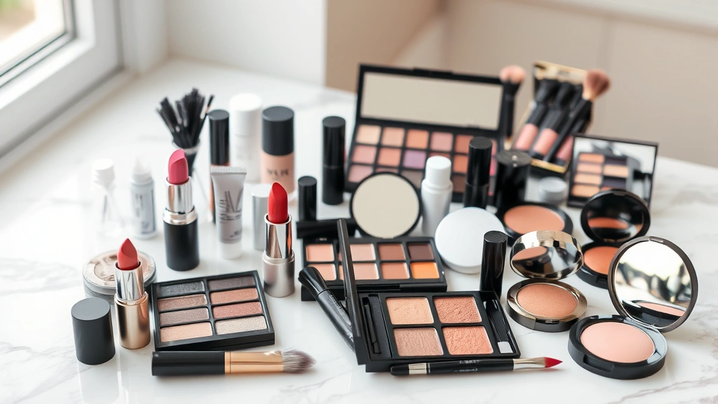 Organized collection of various makeup products including lipstick, eyeshadow palette, brushes, and powder compacts arranged on marble surface with soft natural window light, showing product variety and quality