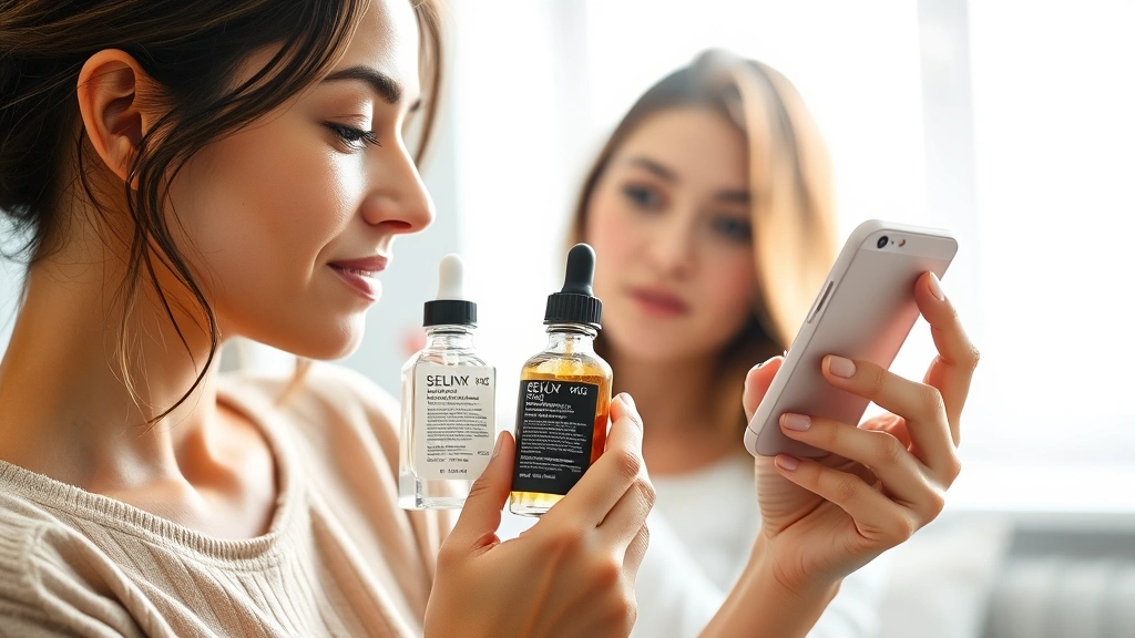 Woman examining skincare product ingredients on her phone, holding a minimalist glass dropper bottle, bright window lighting, focused expression, modern apartment background, natural skin tone