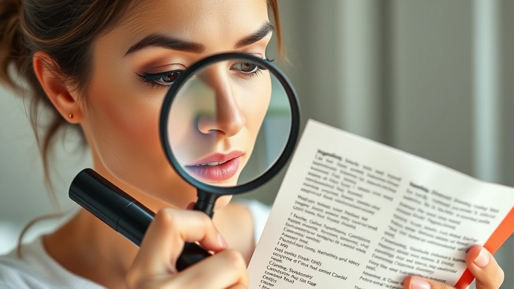 Woman reading cosmetics product label and ingredient list carefully with magnifying glass, serious expression, holding makeup product near face, natural daylight, emphasizing ingredient transparency and safety checking