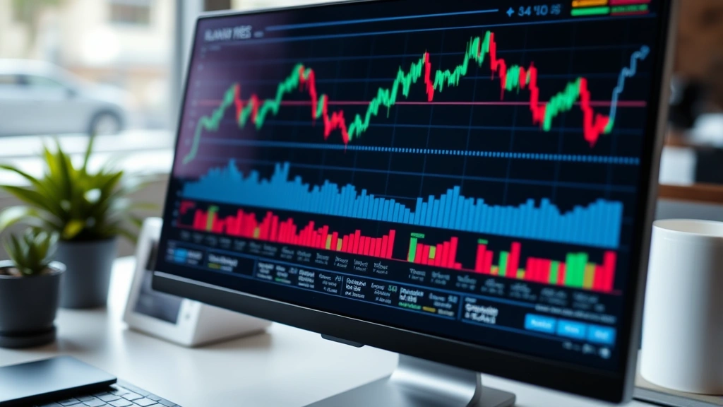 Financial graphs and charts on computer screen showing market trends, beauty industry analytics, professional business setting, blurred but visible ascending and descending line graphs, no text readable