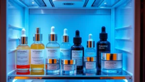 Close-up of a luxurious cosmetics fridge interior displaying organized serums, vitamin C products, retinol bottles, and eye creams in clear glass containers with minimalist aesthetic, cool blue lighting, professional beauty product arrangement