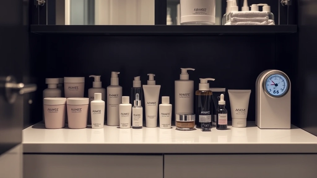 Organized bathroom vanity with proper skincare storage setup showing opaque containers, dark storage cabinet, ambient lighting, humidity meter, and temperature gauge, demonstrating ideal room-temperature storage without refrigeration