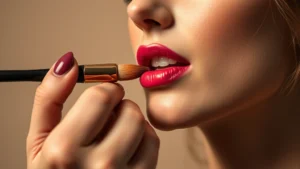 Professional makeup artist applying Max Factor lipstick with precision brush on model's lips, warm studio lighting, close-up showing rich pigment payoff and smooth application, neutral background