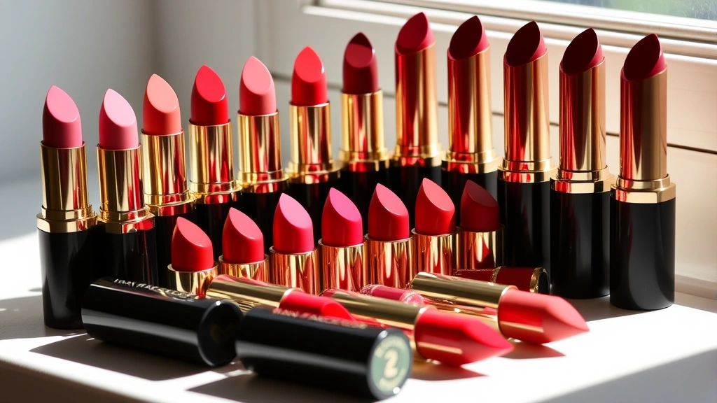 Array of Max Factor lipstick shades displayed in natural window light showing color variety from nudes to reds to berries, arranged artistically with no packaging visible, focus on pigment depth and undertones