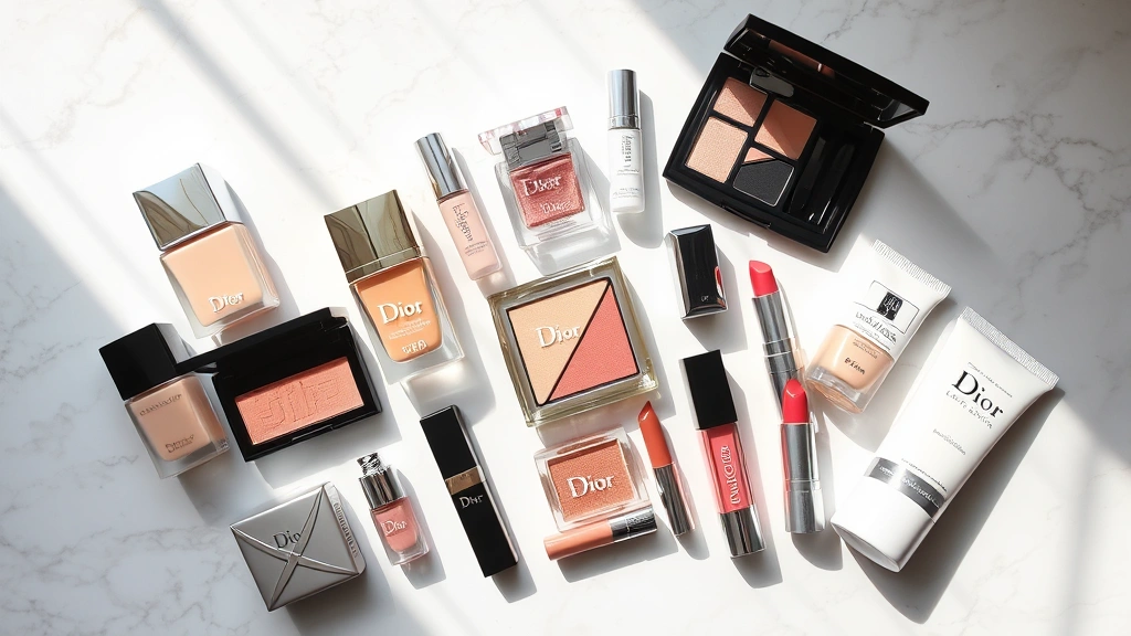 Flat lay of luxury Dior cosmetic set contents arranged on marble surface, including foundations, eyeshadows, lipsticks, and skincare products, soft natural window light creating shadows