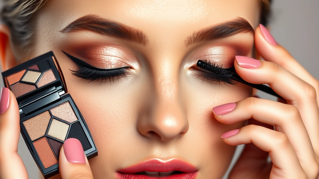 Woman with flawless makeup showcasing Dior eyeshadow palette, mascara, and lipstick application, professional beauty photography with emphasis on color payoff and precision application