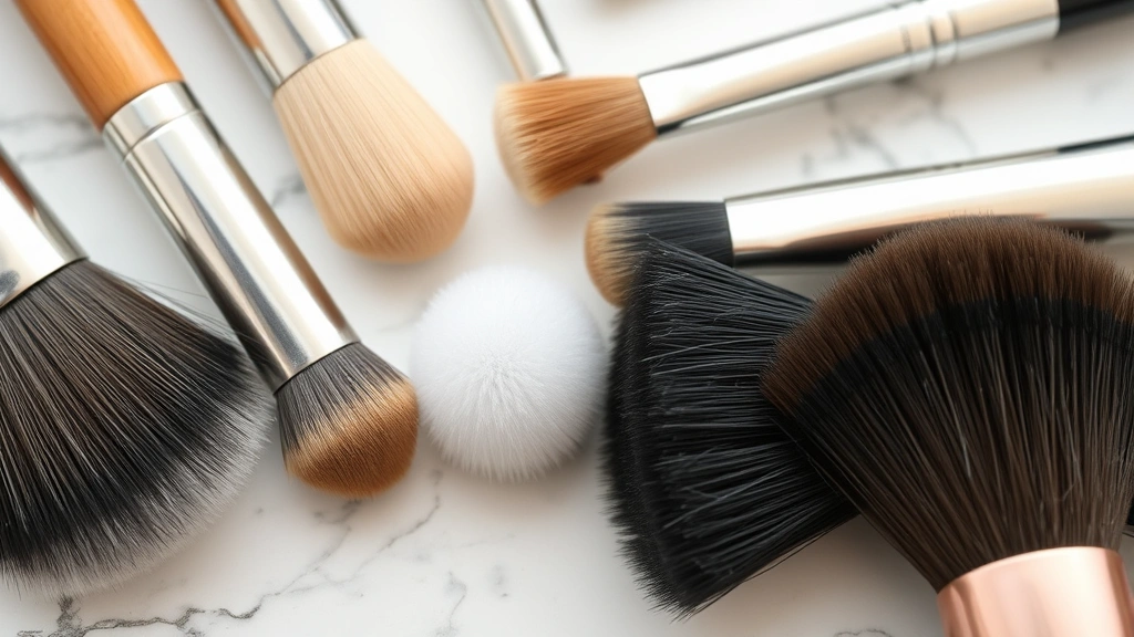 Close-up of various makeup brushes with different bristle types and sizes arranged on white marble surface, showing natural and synthetic fibers in detail